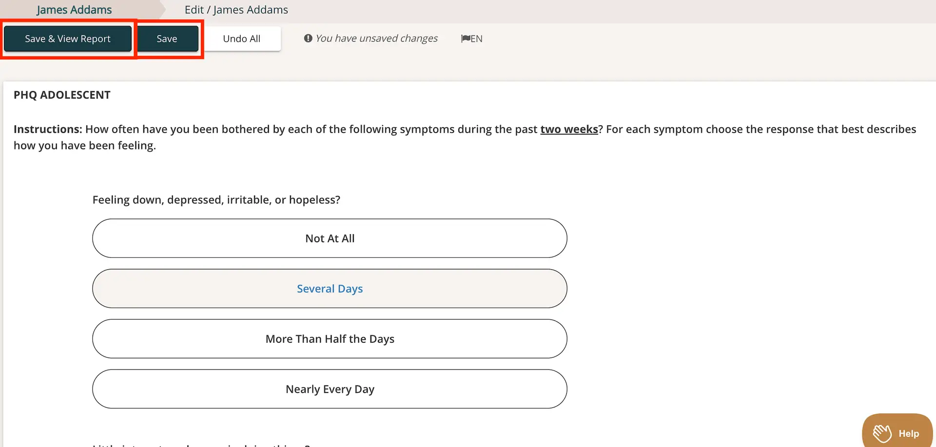 Edit James Addams - PHQ Adolescent measure response editing screen in Mirah platform