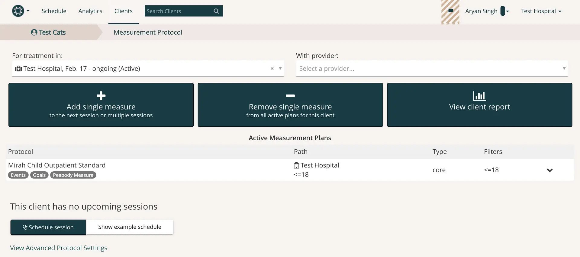 Mirah platform Measurement Protocol page for Test Cats at Test Hospital, showing options to add or remove measures and view client reports.