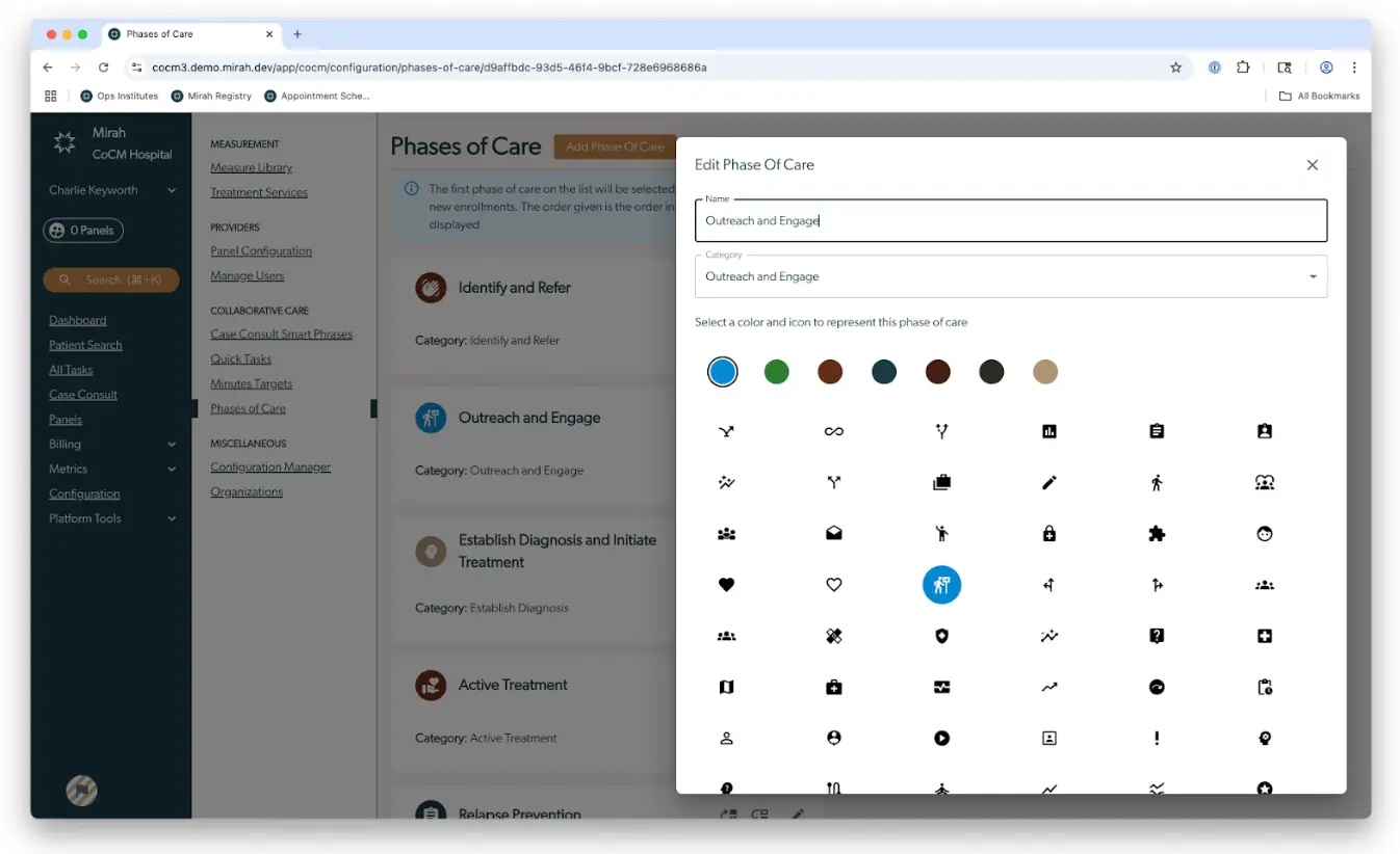 Mirah platform Phases of Care configuration screen with Edit Phase Of Care modal open