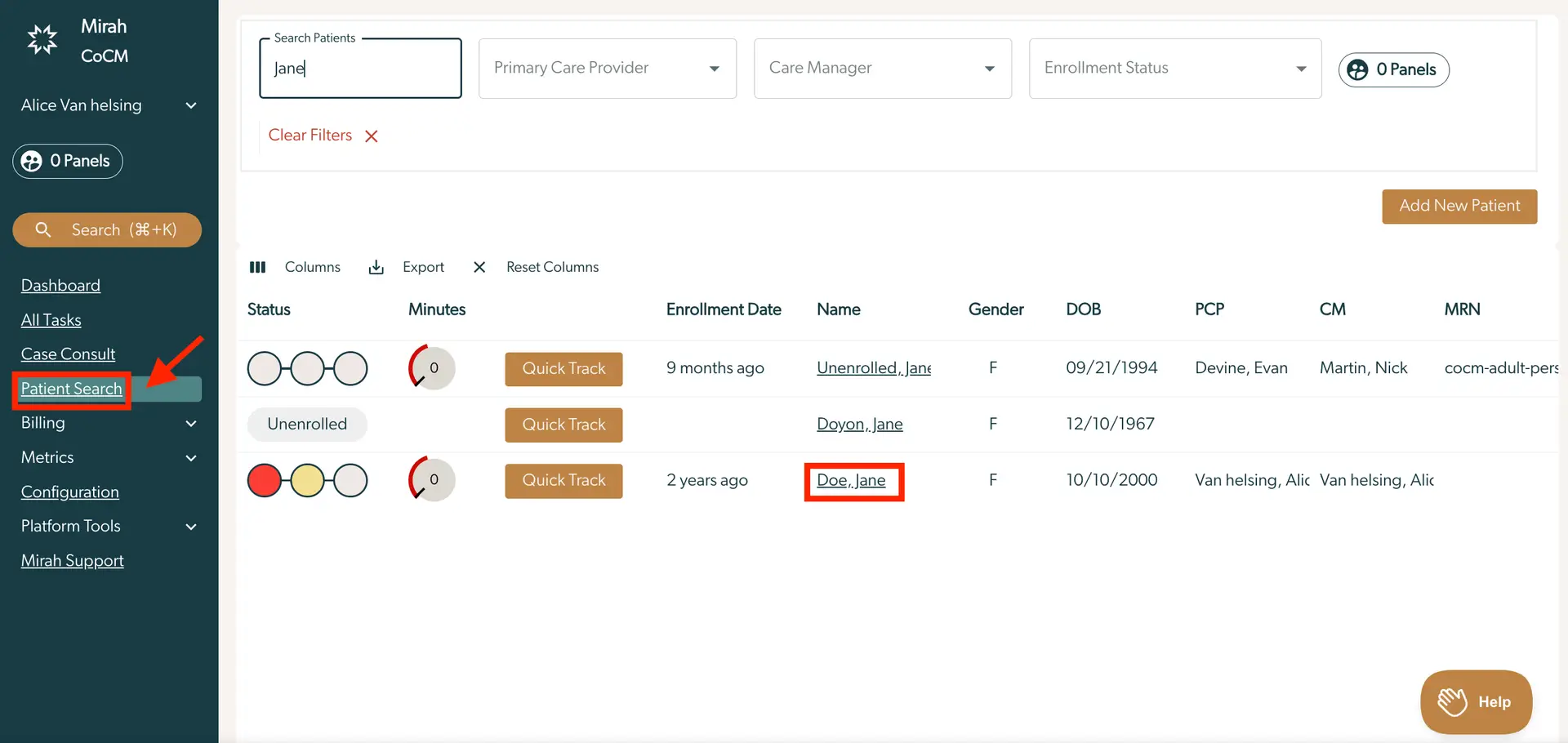 Mirah Collaborative Care Patient Search page showing search results for patients named Jane.