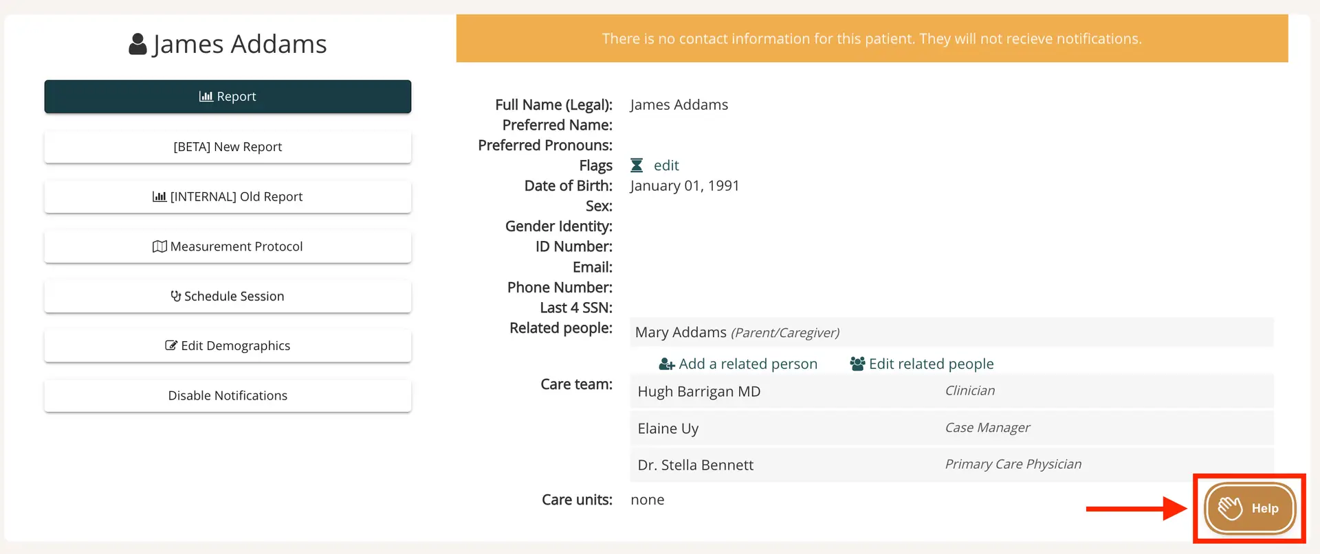 Mirah platform patient profile page for James Addams with help button highlighted