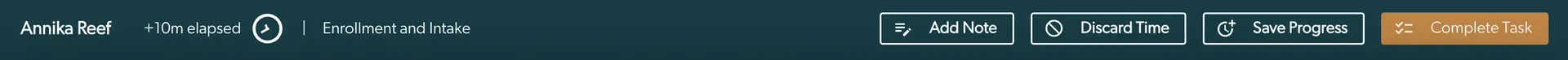 Mirah Collaborative Care Tasks Automatic Chart Assessment Time Tracking interface showing Annika Reef's session with options to add note, discard time, save progress, and complete task.