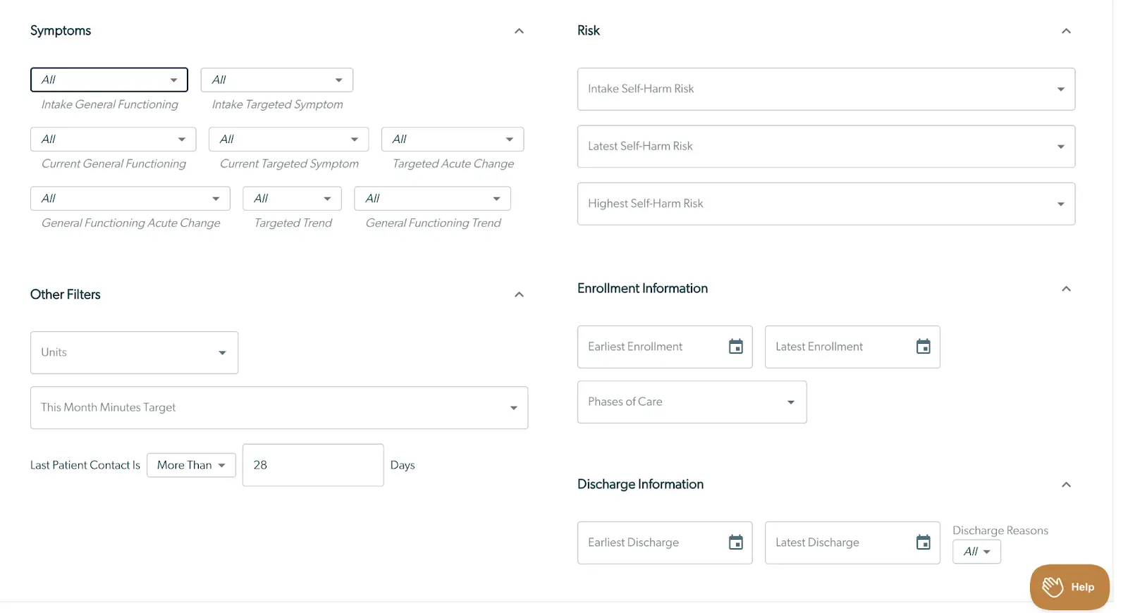 Mirah Collaborative Care Panels Search interface with sections for Symptoms, Risk, Other Filters, Enrollment Information, and Discharge Information.