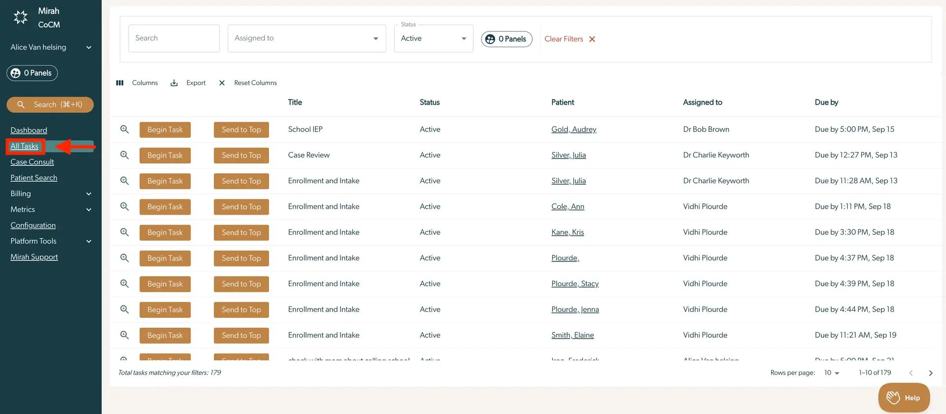 Mirah Collaborative Care All Tasks page showing task list and filters