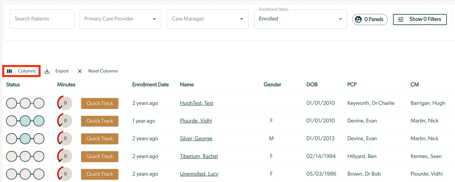Mirah platform panel filtering interface with search and filter options, patient data table, and highlighted Columns button.