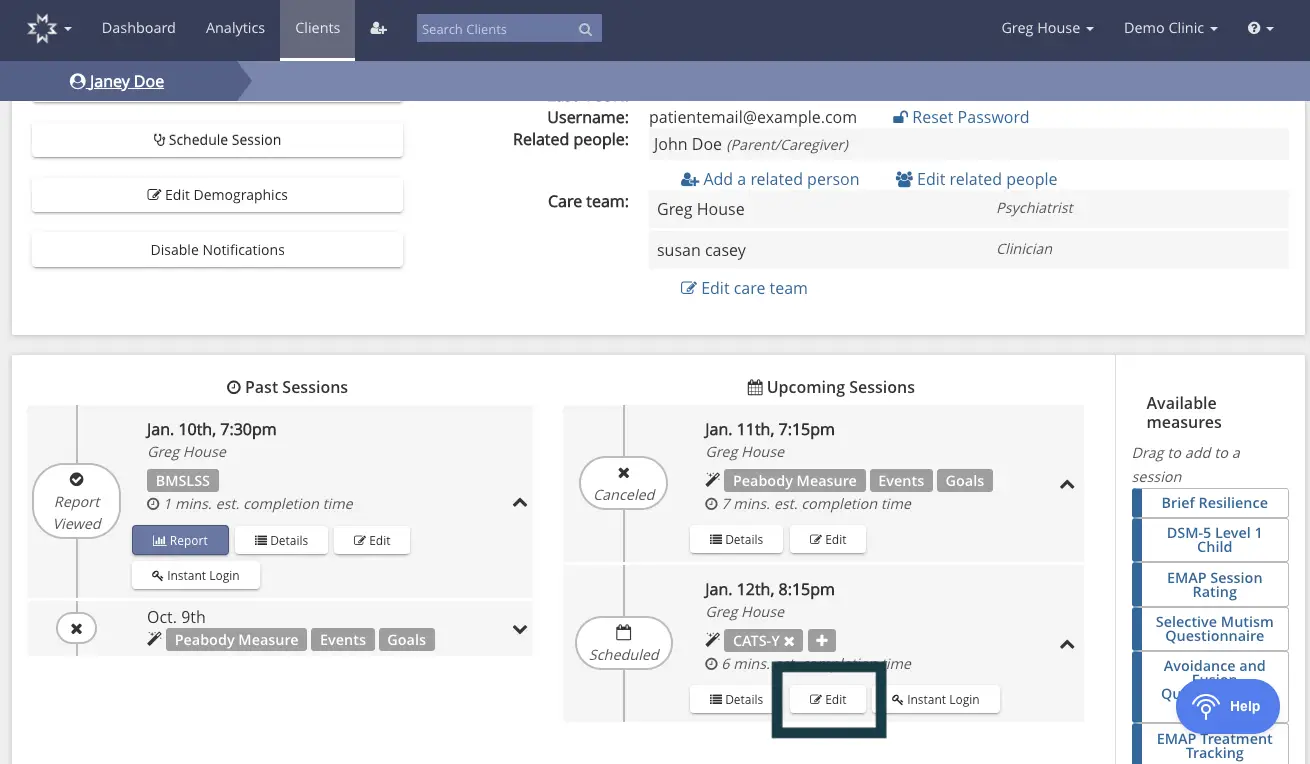 Mirah platform Clients section for Janey Doe showing past and upcoming sessions with options to edit and view details.