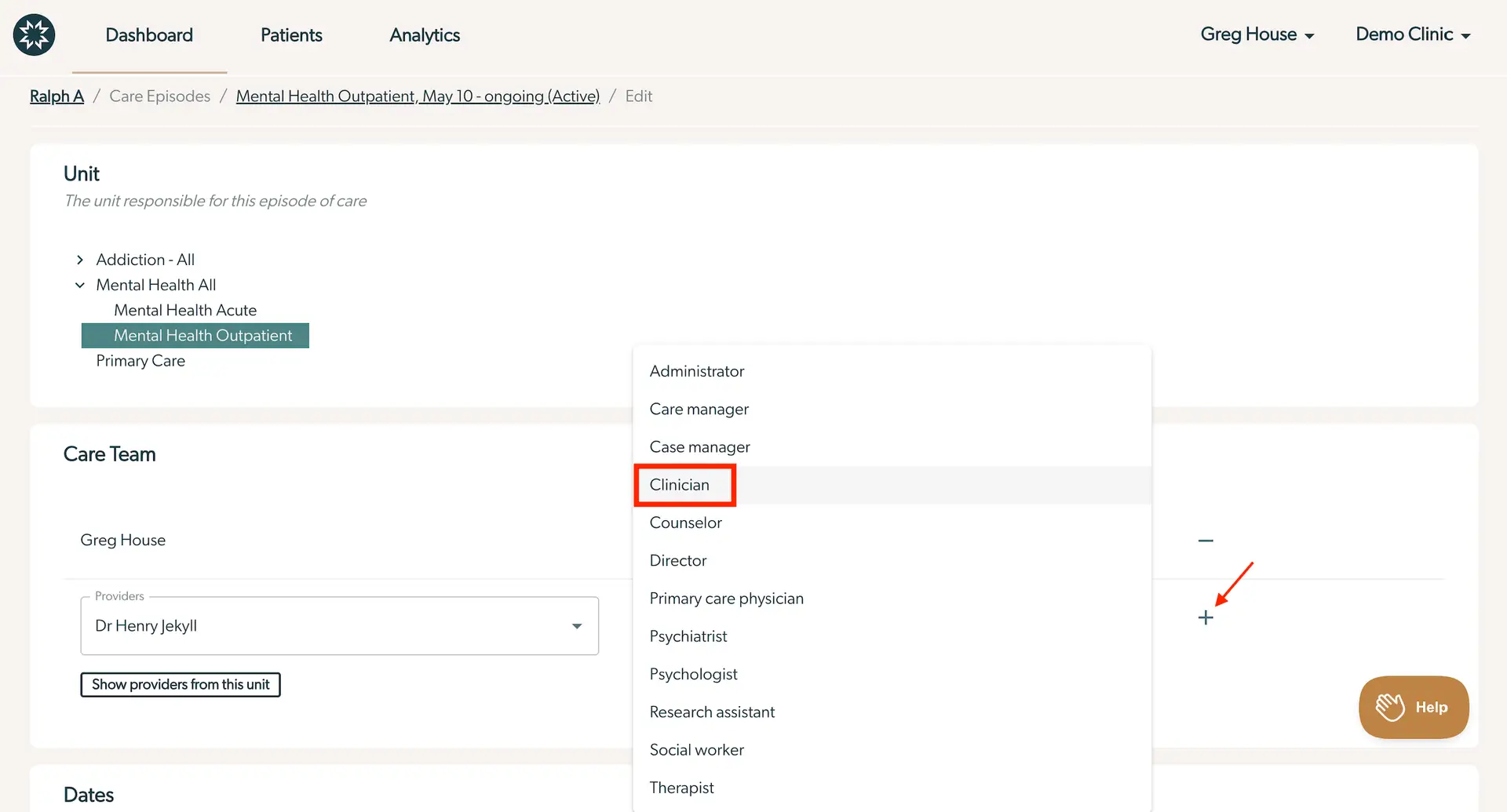 Mirah platform interface for editing care team in Mental Health Outpatient episode