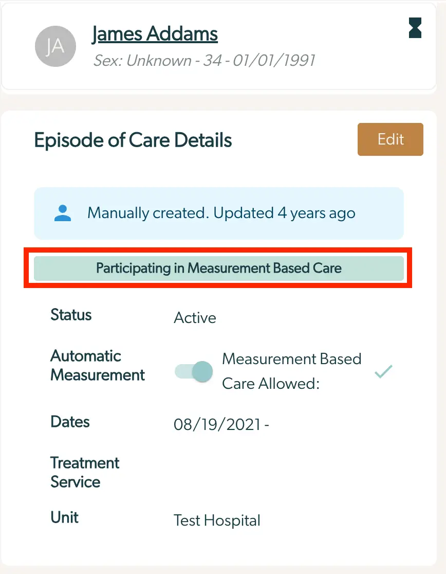 Mirah platform Episode of Care Details for James Addams, participating in Measurement Based Care