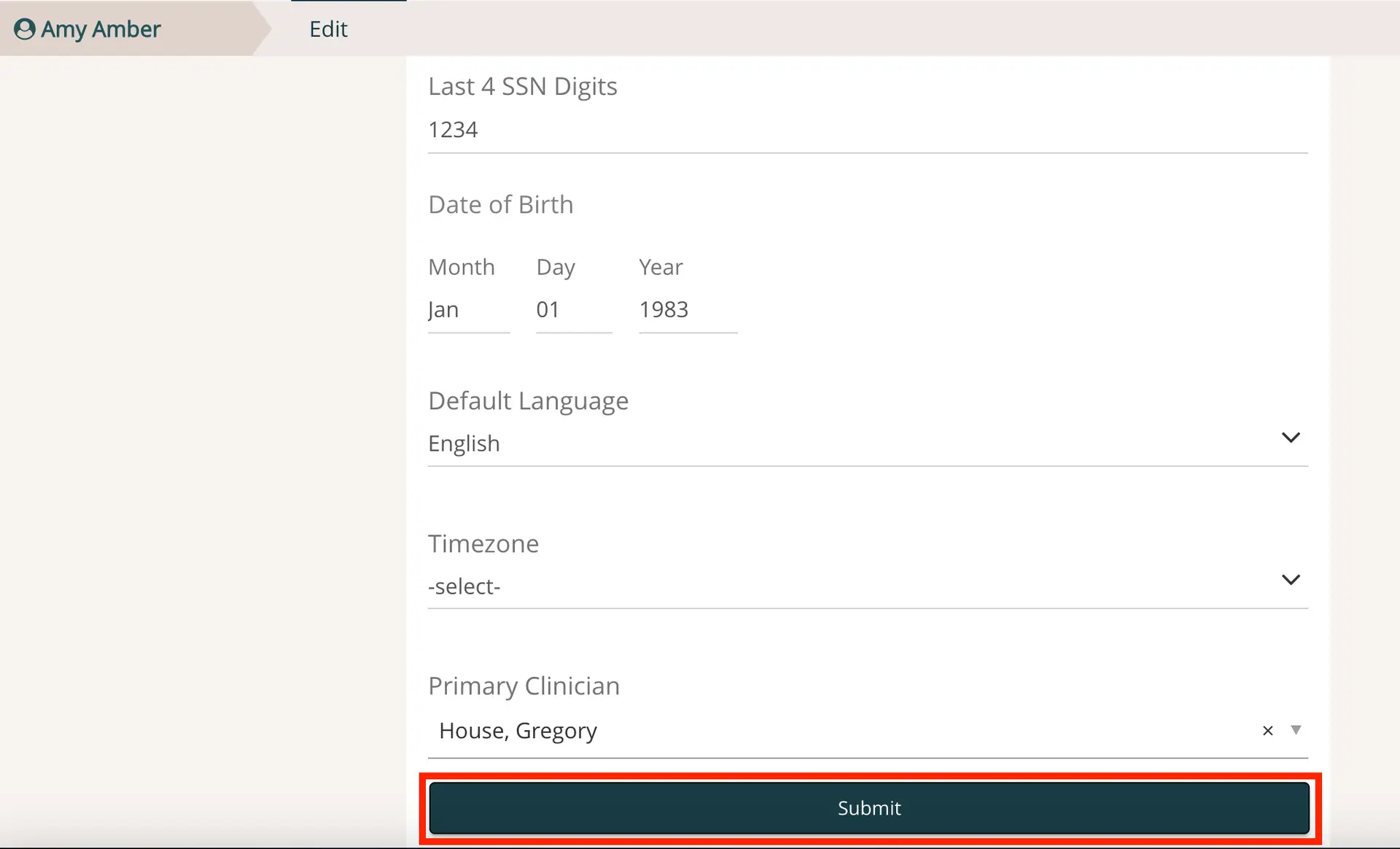 Mirah platform patient creation screen showing fields for SSN, date of birth, language, timezone, and primary clinician with a submit button.