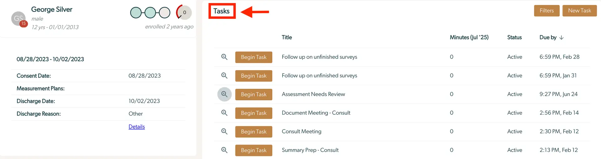 Mirah Collaborative Care - Patients - Tasks section for George Silver