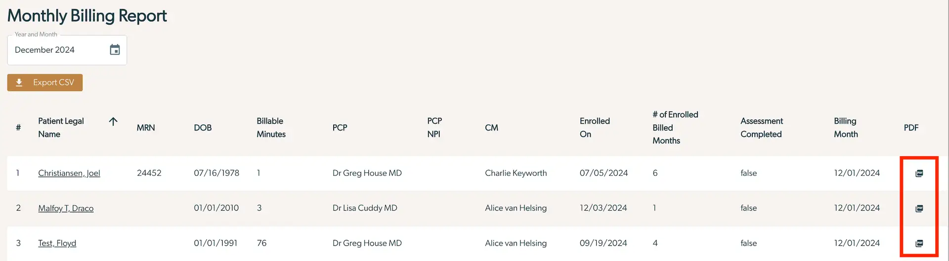 Mirah Collaborative Care Monthly Billing Report for December 2024
