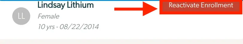 Mirah platform patient re-enrollment screen for Lindsay Lithium with Reactivate Enrollment button.