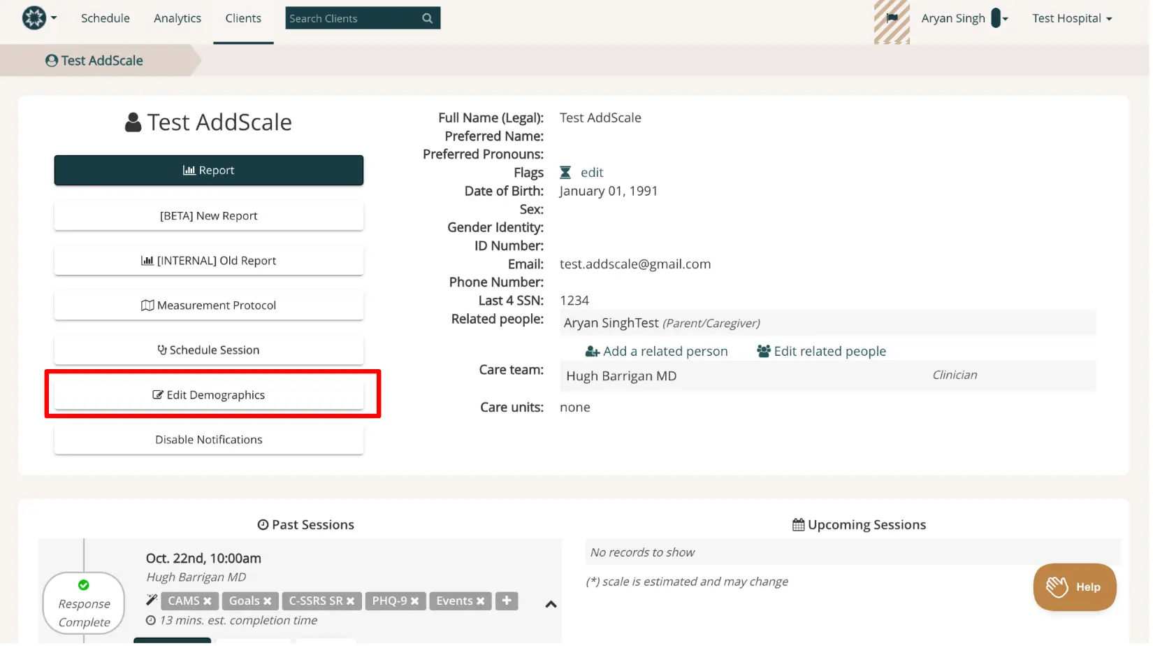 Mirah platform patient interface Test AddScale page showing patient details and session information