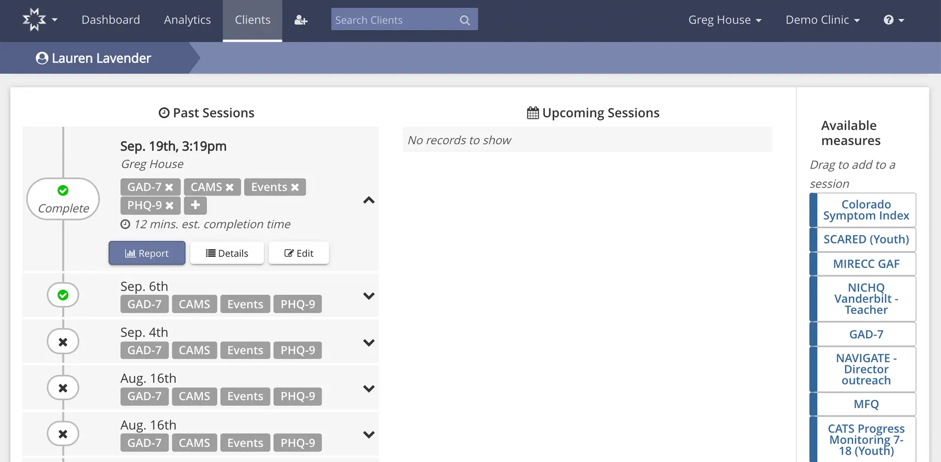 Mirah platform Clients section showing Lauren Lavender's past and upcoming sessions with available measures
