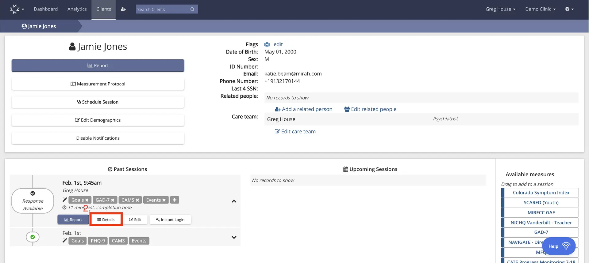 Mirah platform, Clients tab, Jamie Jones profile page
