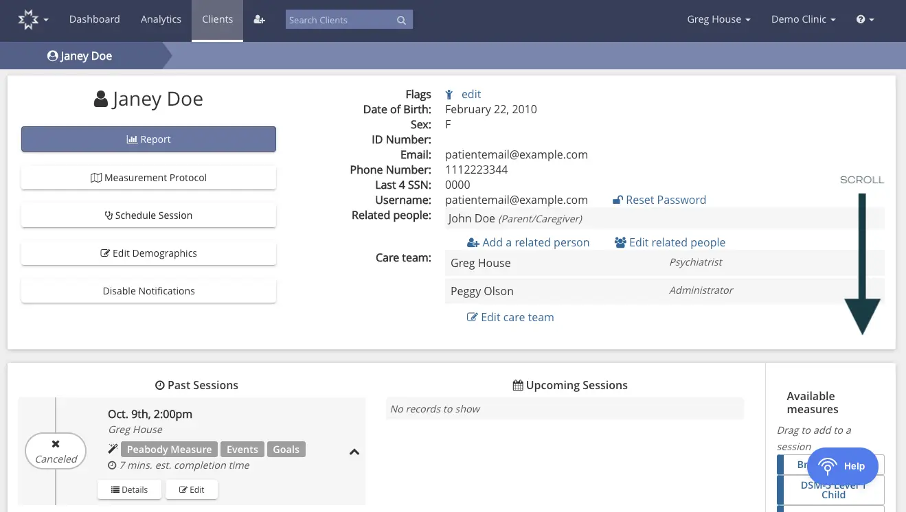 Mirah platform client profile page for Janey Doe under Clients section