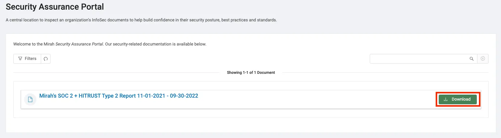 Mirah Security Assurance Portal showing SOC 2 + HITRUST Type 2 Report with download option
