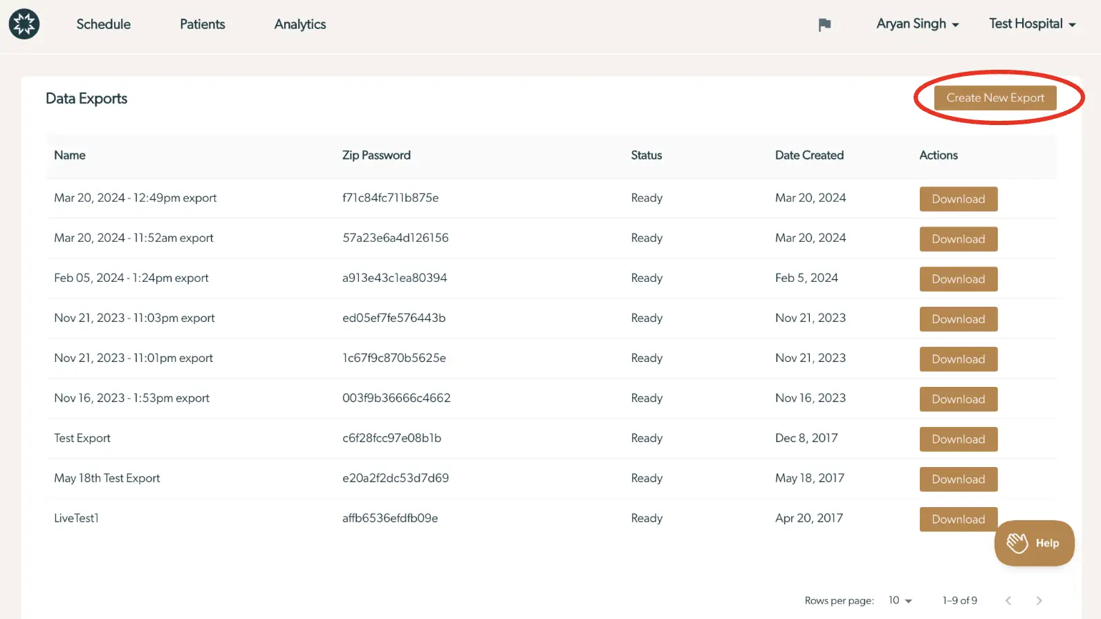 Mirah platform Data Exports page showing a list of data exports with options to download and create new exports.