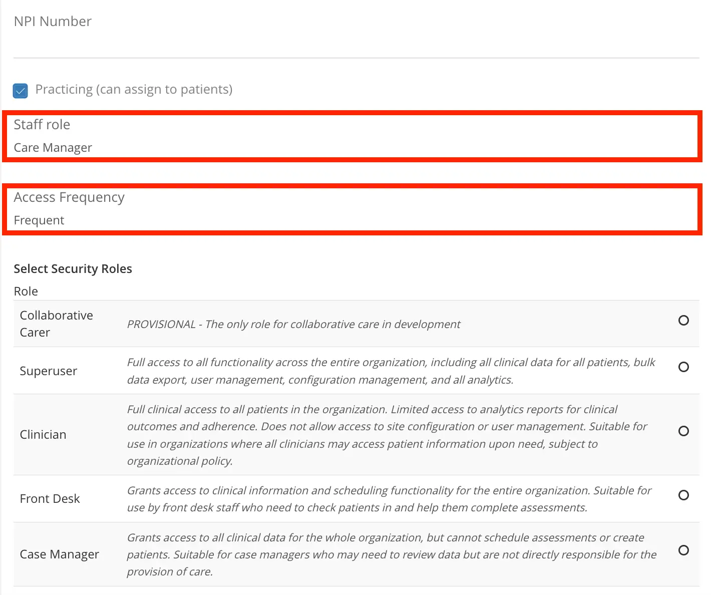 Mirah platform user role management screen for creating and adding primary care physicians.