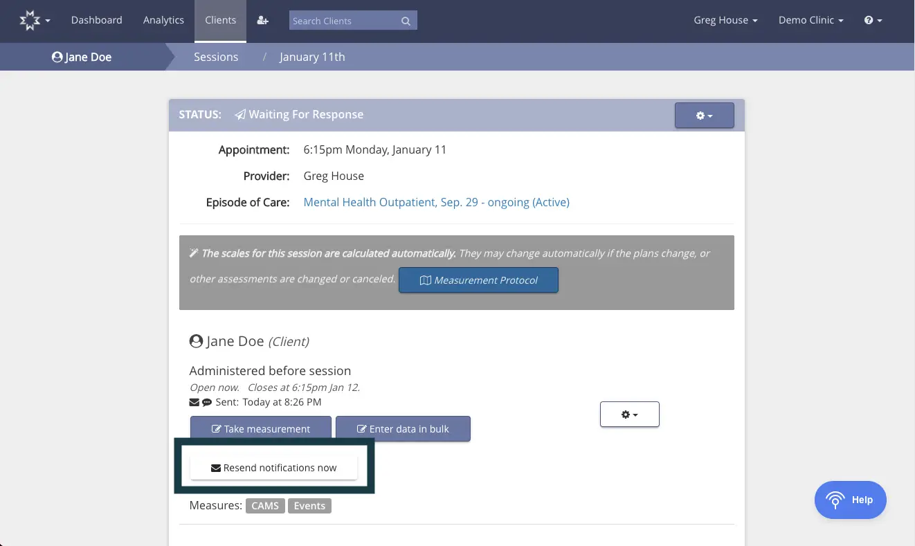 Mirah platform screen showing patient session details for Jane Doe on January 11th, with options to resend notifications and manage measures.