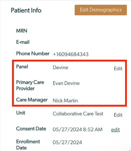 Mirah Collaborative Care Patient Info screen showing patient details and options to edit demographics and care information.
