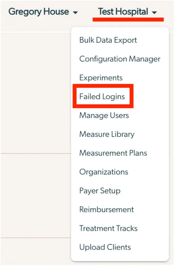 Mirah platform dropdown menu under Test Hospital with Failed Logins highlighted