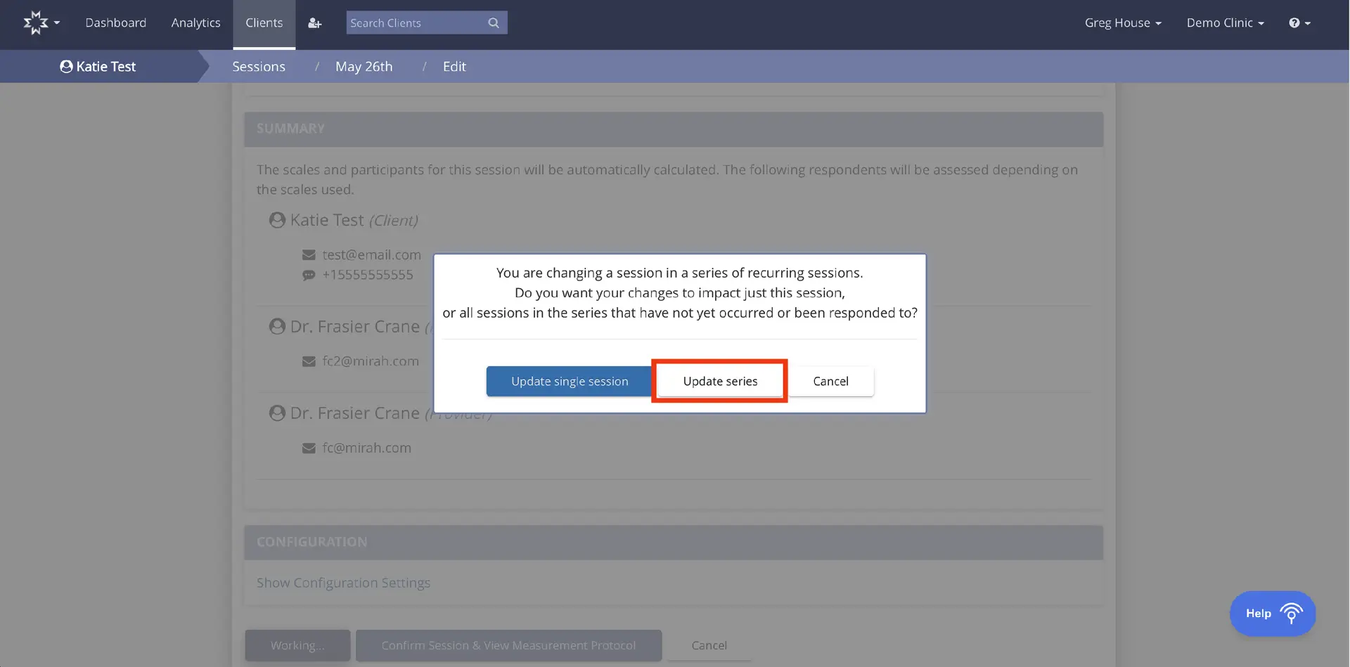 Mirah platform - Clients - Sessions - May 26th - Edit - Update session dialog