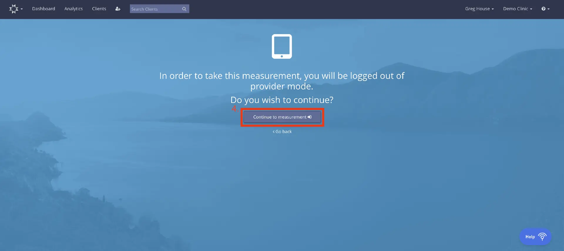 Mirah platform screen prompting user to continue to measurement, with navigation bar including Dashboard, Analytics, Clients, and Search Clients.