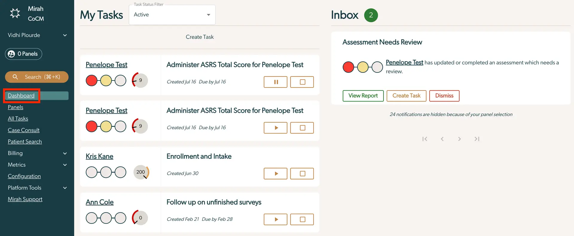 Mirah Collaborative Care Dashboard showing My Tasks and Inbox sections