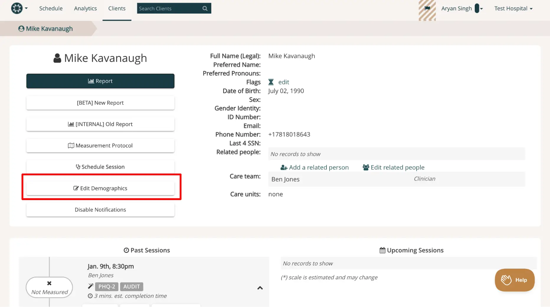 Mirah platform patient interface for Mike Kavanaugh under Clients section
