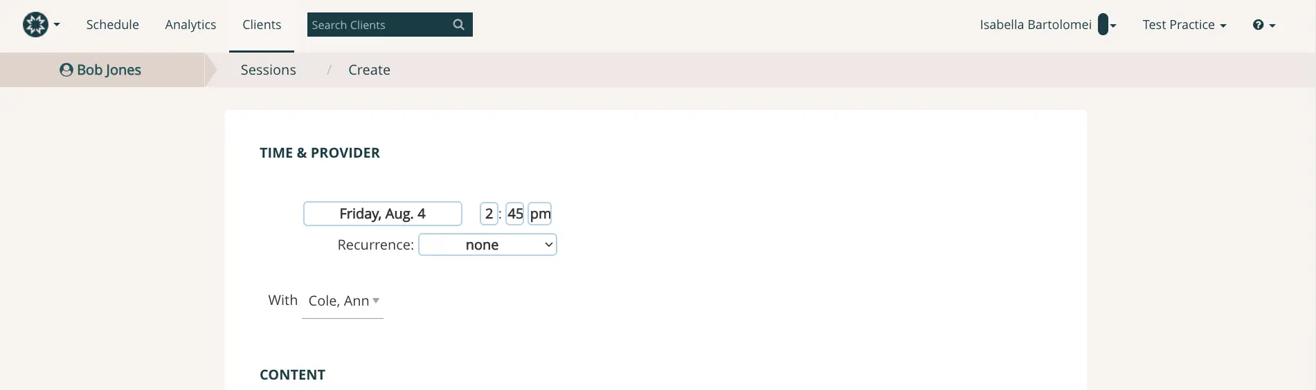 Mirah platform, Clients section, creating a session for Bob Jones