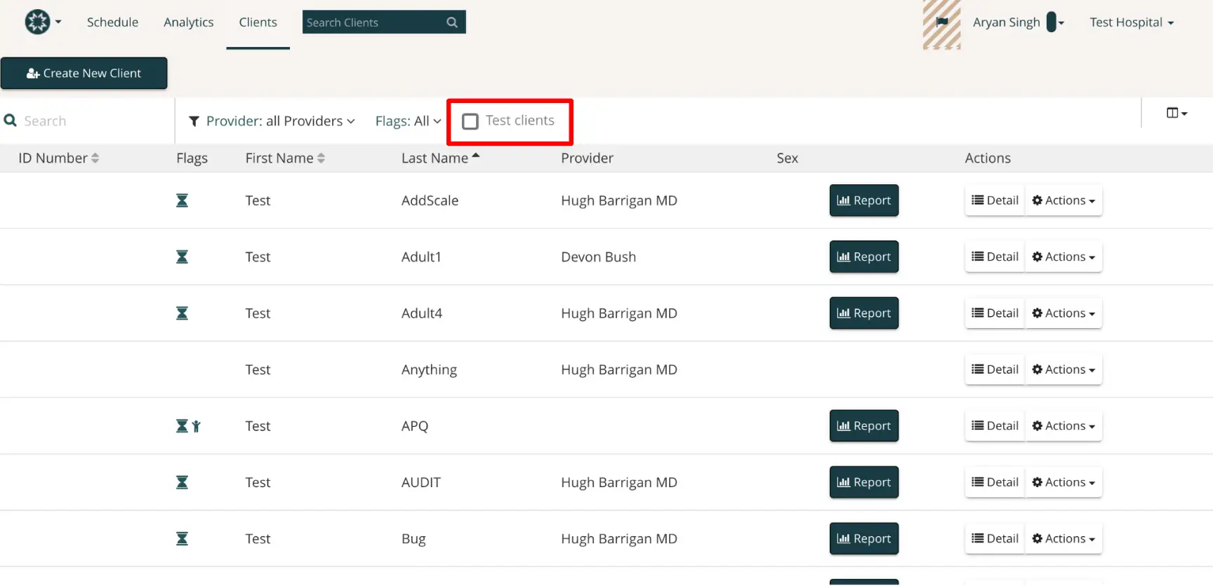 Mirah platform Clients section showing test clients filter and client list