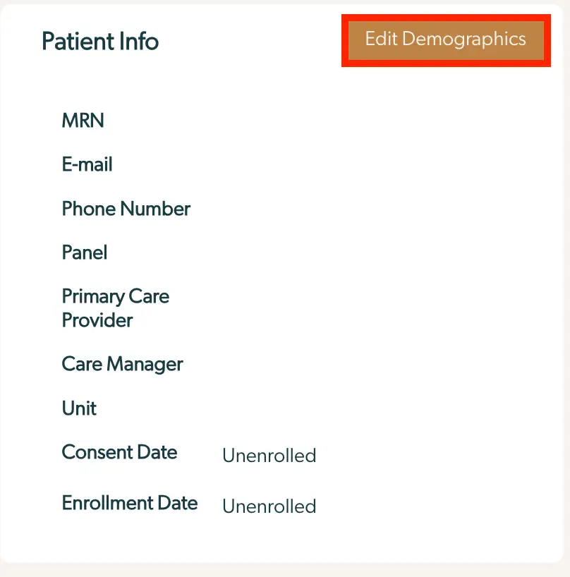 Mirah Collaborative Care Patients Test Patients - Patient Info section with Edit Demographics button.