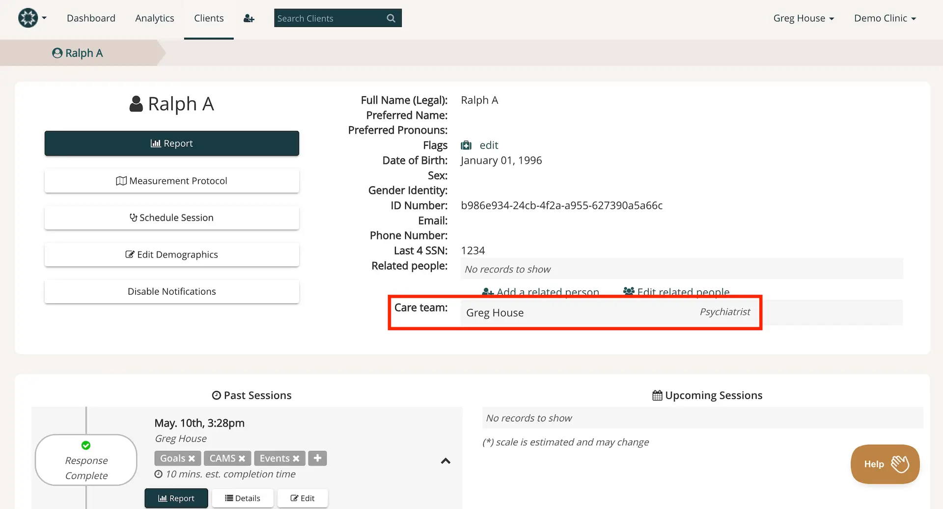 Mirah platform Ralph A client profile page showing care team assignment