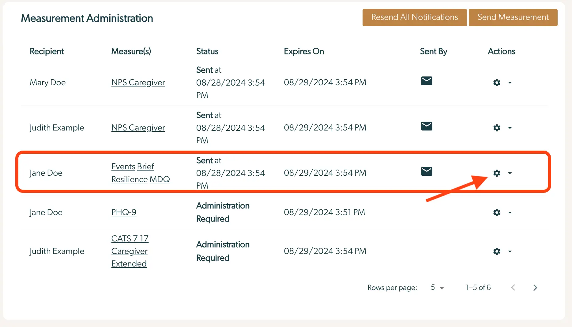 Mirah Collaborative Care Measurement Administration page showing measures sent to patients, including Jane Doe's Events Brief Resilience MDQ measure.