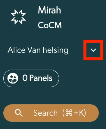 Mirah Collaborative Care interface showing user Alice Van helsing with dropdown, 0 Panels button, and search bar.