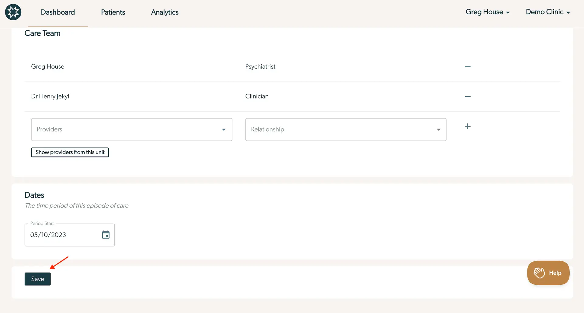 Mirah platform screen for designating or updating a primary clinician or care team