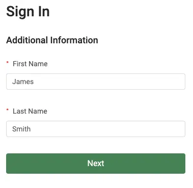 Mirah Sign In Additional Information screen with fields for First Name and Last Name.