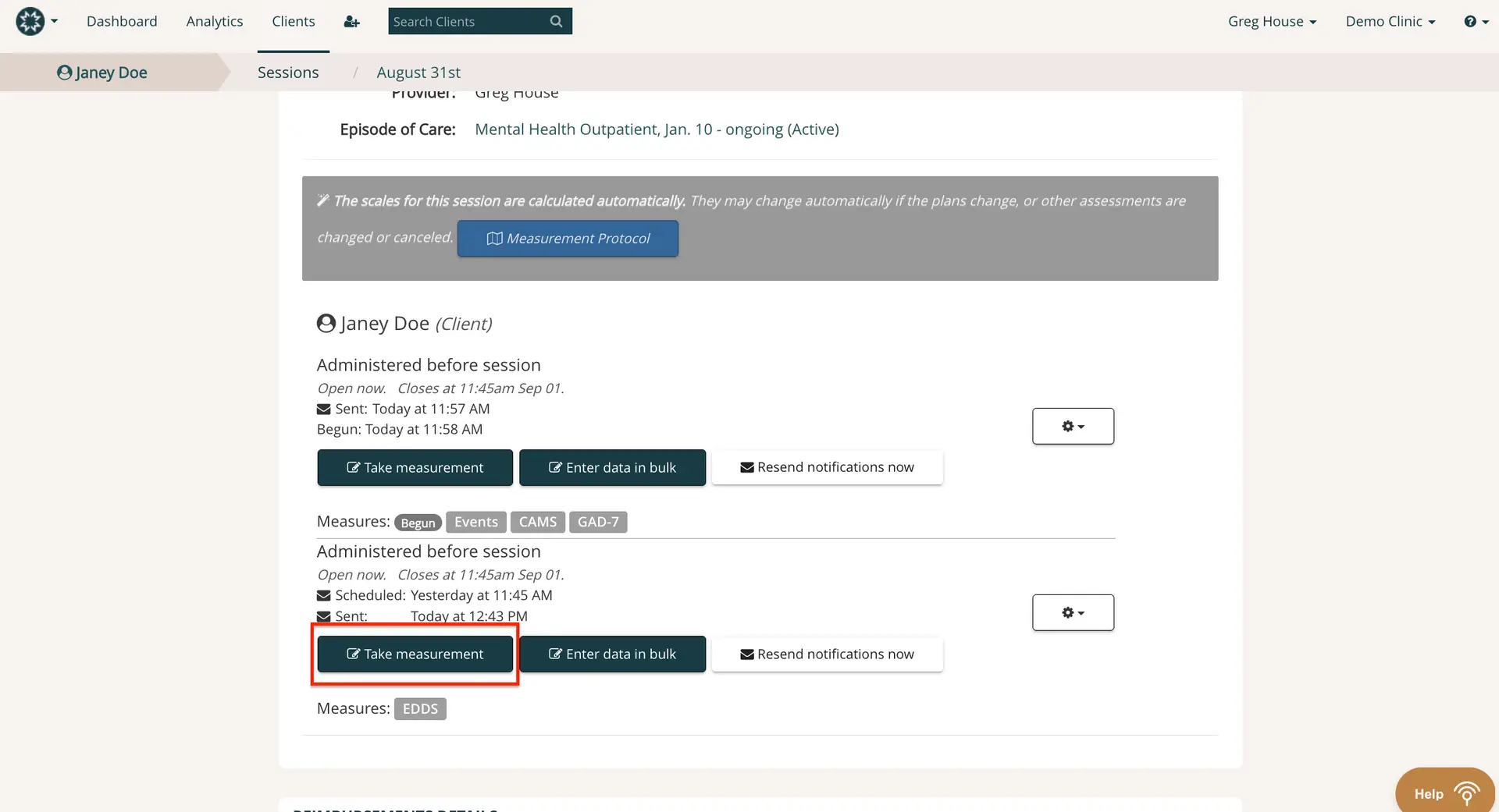 Mirah platform session screen for client Janey Doe showing measure administration details and options for taking measurements, entering data, and resending notifications.