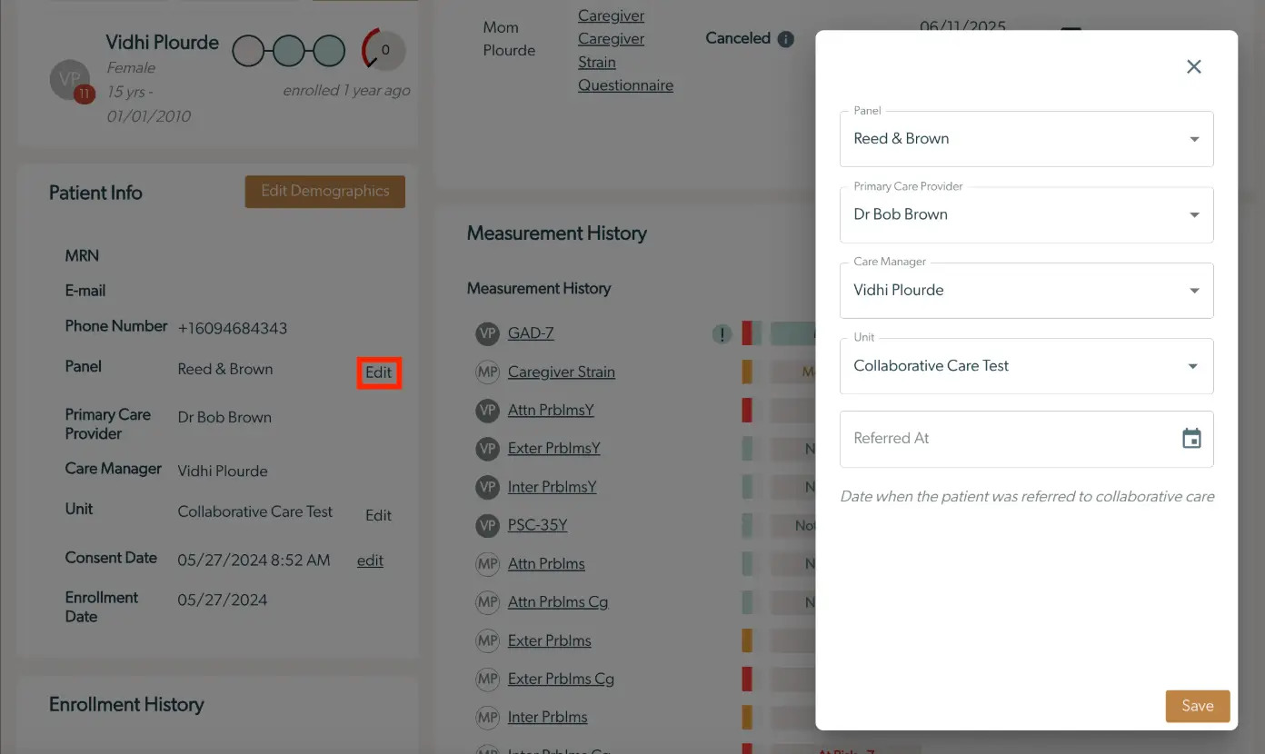 Mirah Collaborative Care Patient Info Edit Panel