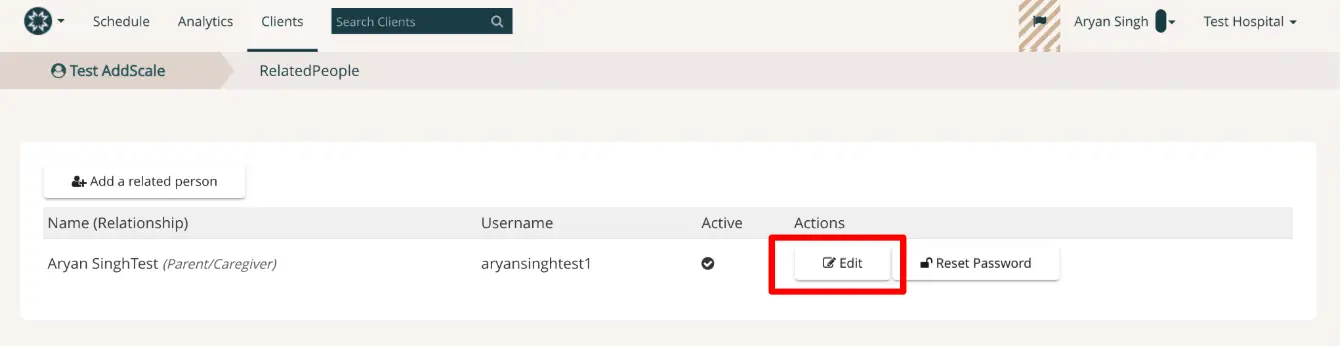 Mirah platform Clients section, RelatedPeople tab showing Aryan SinghTest details with Edit and Reset Password options