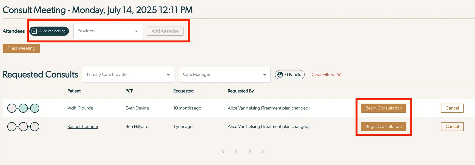Mirah Collaborative Care Consult Meeting screen showing attendees and requested consults for July 14, 2025.