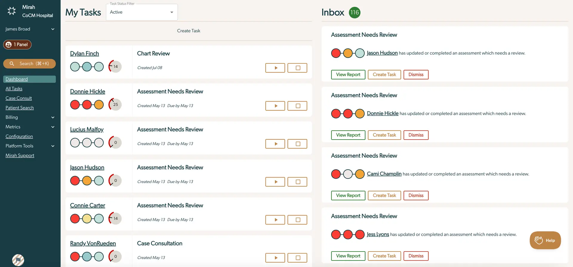 Mirah Collaborative Care My Tasks and Inbox screen