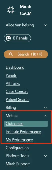 Mirah CoCM vertical navigation menu showing Metrics section with Outcomes highlighted.