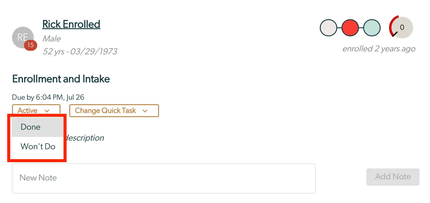 Mirah Collaborative Care Task Management Screen for Rick Enrolled