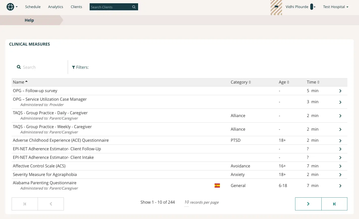 Mirah platform Measure Library Clinical Measures page showing a list of measures with details such as name, category, age, and time.