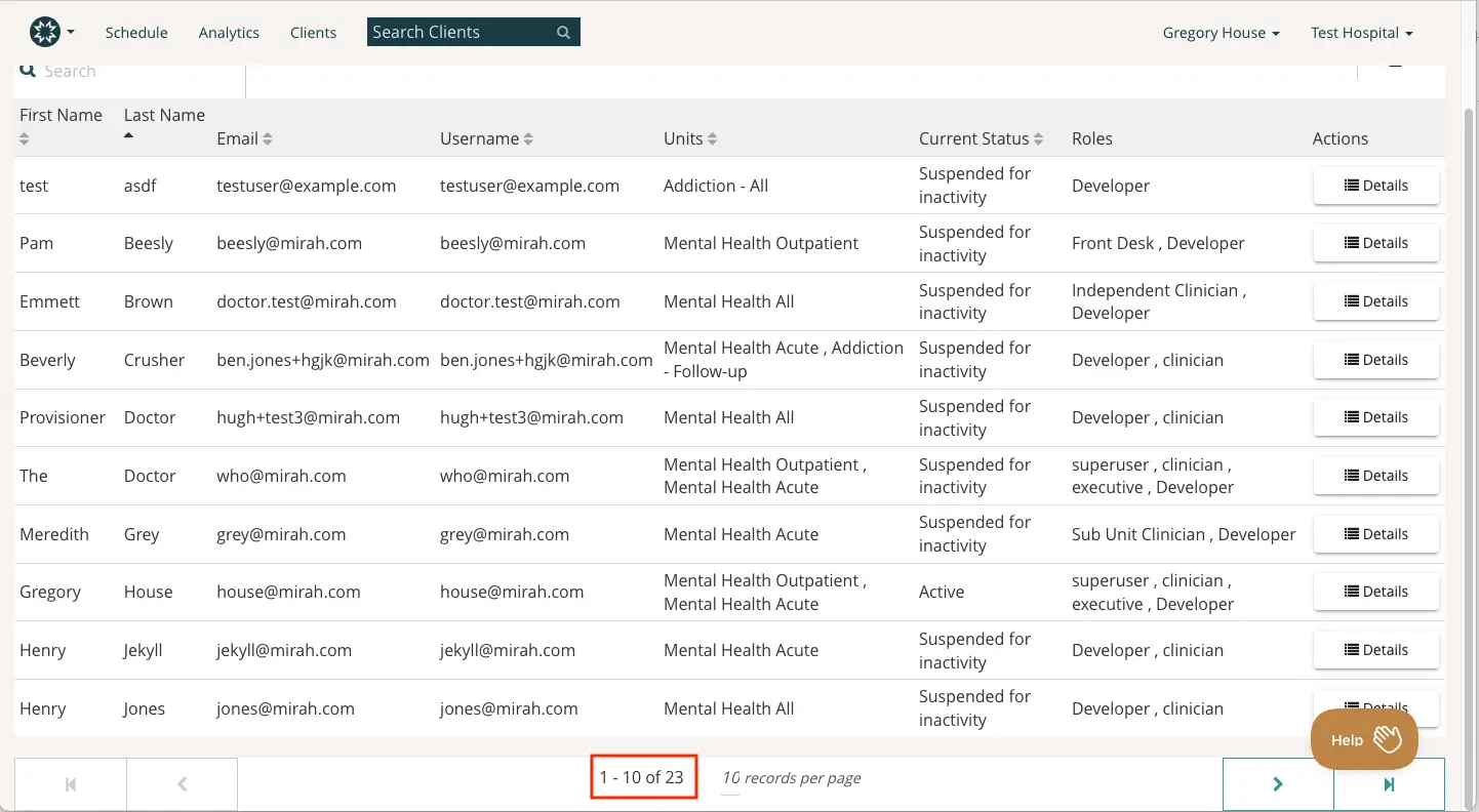 Mirah platform client management interface showing a list of clients with details and pagination controls.