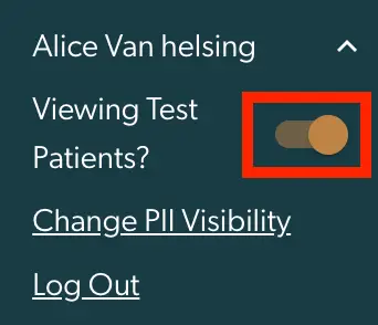 Mirah Collaborative Care Test Patients toggle and options for Alice Van helsing