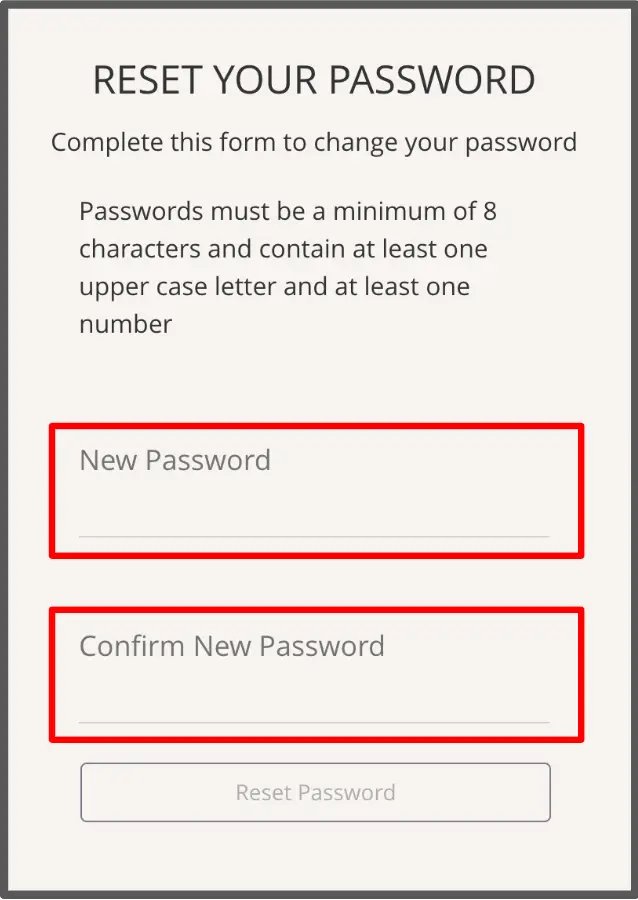 Mirah Reset Your Password screen with fields for New Password and Confirm New Password, and a Reset Password button.