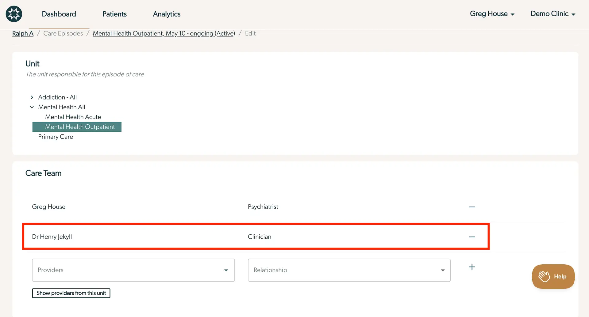 Mirah platform screen for editing care team in Mental Health Outpatient episode for Ralph A